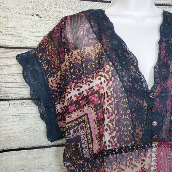 Oneworld Women’s Boho Patchwork Lace Top XL Sheer Short Sleeve Tunic - Picture 2 of 7